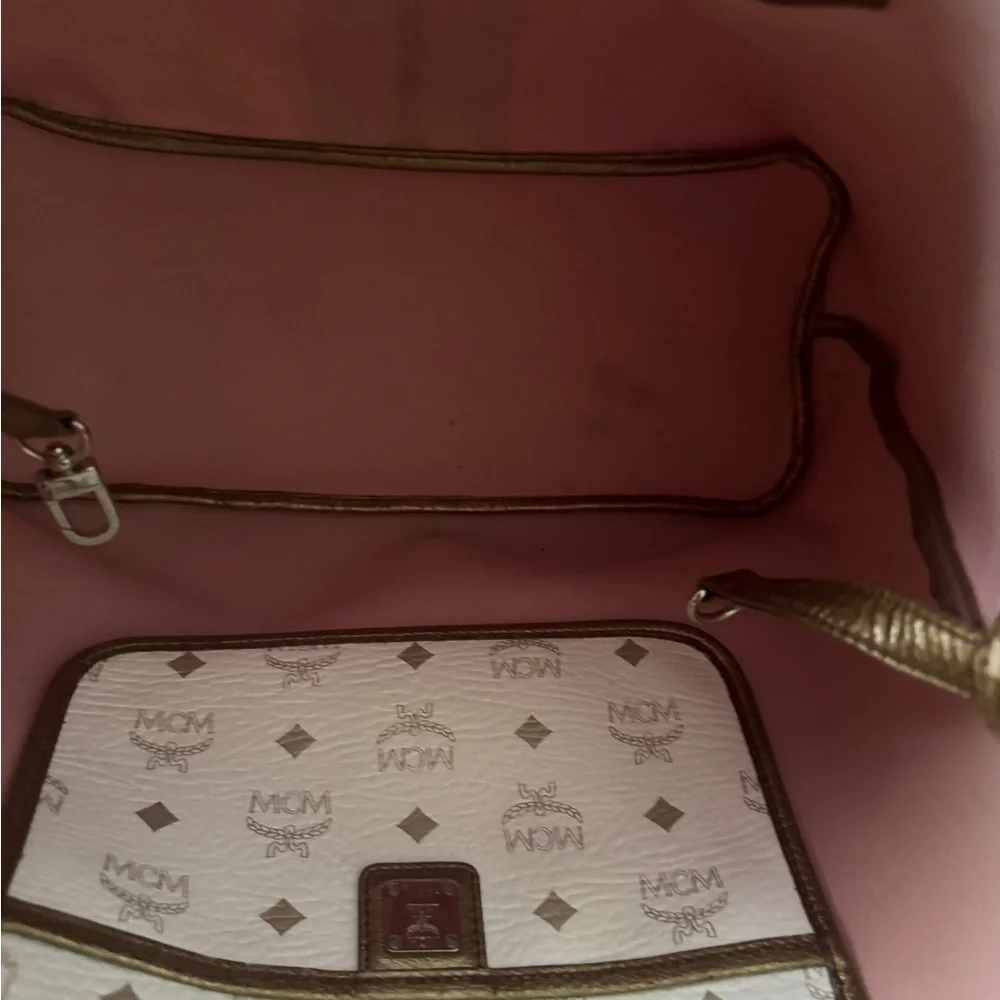 MCM White and Gold Visetos Tote with Brown Trim - Picture 5 of 10